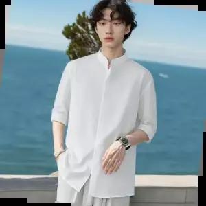 남자링클프리셔츠 남자 깔끔한 여름 헨리넥 차이나카라 루즈핏 찰랑 5부