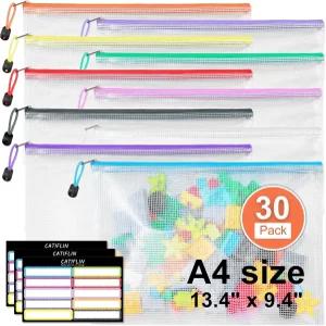 CATIFLIN 30팩 메시 지퍼 파우치 백 A4 레터 사이즈 보드 게임 및 퍼즐 보관용 투명 플라스틱 사무실 학교