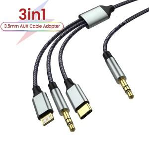 3in 1 Aux 오디오 케이블 USB C타입 to 3.5mm 잭 휴대폰 핸드폰 차량 스피커 호환용 남성-남성 컨버터