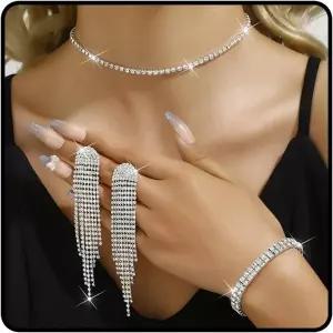 여성용 클로드 실버 주얼리 세트 반짝이는 프롬 샤이니 라인스톤 초커 목걸이 우아한 크리스탈 팔찌 신부