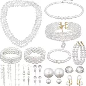 주팔츠 16개 진주 주얼리 세트 목걸이 귀걸이 및 팔찌 여성용 가짜 결혼식 신부 크리스마스 파티용