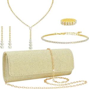 NEWITIN 5피스 여성용 지갑 라인스톤 주얼리 세트 여성 프롬 크리스탈 클러치 목걸이 반지 팔찌 귀걸이 금