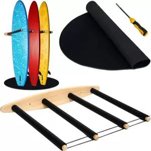 벽걸이용 수직 서핑보드 랙 - 미끄럼 방지 패드와 번지가 있는 4암 하드우드 홀더 패들보드 웨이크보드