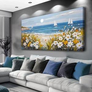 KELIY위안 빈티지 풍경화 홈 데코 캔버스 블루 오션 비치 그림 거실 농가 다이닌 벽화 흰색 꽃 침실 사무실