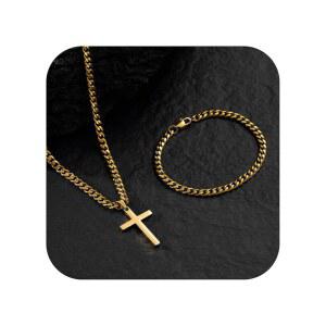 남성 NORBU 스테인리스 스틸 크로스 목걸이 팔찌 세트 쿠바 링크 / 밀 피가로 박스 체인 20인치 길이 7 1/2인치 8인치 변색 없음 내구성 있는 종교 선물