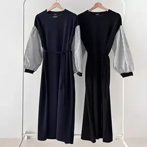 [옷자락]여성 스트라이프 퍼프 소매 배색 리본 롱드레스 빅사이즈