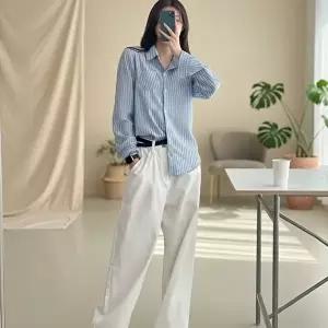 [옷자락]여성 봄 스트라이프 포켓 셔츠 카라 오피스룩