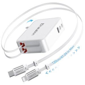 맥북 프로 충전기용 65W 17용 5-in-1 접이식 벽 충전 플러그 3.94피트 PD USB C&라이트닝 케이블 3개 포트 /에어용 고속 블록 M1 M2 M3 M4 갤럭시 픽셀