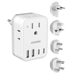여행 어댑터 세트 유럽 플러그 4 AC 콘센트 USB 포트(USB C 2개) 미국~영국 /EU /남아프리카공화국 /인도 호환 키트에는 타입 G /C /M /D 탈착식 플러그가 포함되어 있습니다