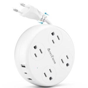 유럽 여행용 플러그 어댑터 - 4개의 AC 콘센트와 3개의 USB 포트(USB-C)가 있는 접이식 전원 스트립 대부분의 유럽으로 가는 미국용 타입 C 아이슬란드 스페인 이탈리아 프랑스 독일 등 (흰색)