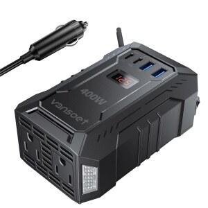 400W 자동차 파워 인버터 DC 12V ~ 110V AC 인버터(PD 30W / 15W USB C+2*USB A 포트 콘센트 2개 포함) 노트북 전화 로드 트립용 플러그 어댑터