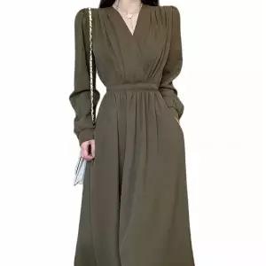 여자 브이넥 A라인 주름 원피스