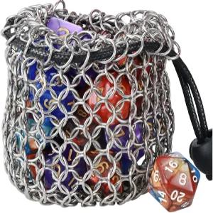유셰어 드로우스트링 게임 주사위 가방 - 금속 다면체 D 세트용 스테인리스 스틸 체인메일 DND 파우치 코인