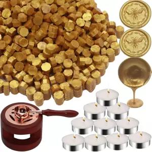 왁스 씰링 비즈 키트 Topbb 300pcs 골드 나무 씰 워머 1pcs 녹인 스푼 및 스탬프 키트(골드)용 티 캔들