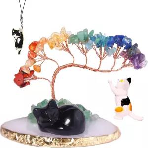 드림걸 블랙 옵시디언 차크라 크리스탈 트리와 힐링 스톤 귀여운 잠자는 고양이 동상 럭키 키튼 피규어