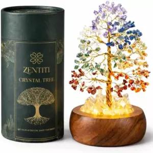 LED 조명이 있는 젠티티 7 차크라 크리스탈 트리 쿼츠 베이스와 아카시아 우드 스탠드가 수제 젬스톤 분재