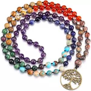 GEHECRST 내추럴 7 차크라 108 말라 기도 비즈 목걸이 레이키 힐링 크리스탈 포인트 펜던트 6mm 보석 명상