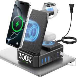 여러 기기용 300W 충전소 iPhone용 무선 충전기 10대 GaN III USB C 65W PD 고속 충전 스탠드 도크 iWatch AirPod용( 전용 충전)