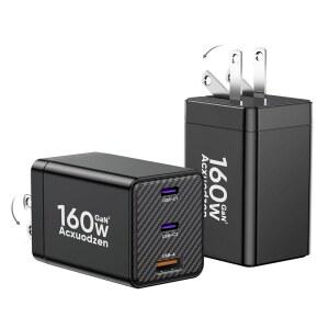 [2팩] USB C 충전기 블록 160W 3포트 GaN 초고속 듀얼 65W 타입 충전 폴더블 QC3.0 노트북 고속 어댑터 맥북 삼성 갤럭시 안드로이드 블랙