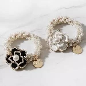 BS 샤인 플라워 카멜리아 진주 범벅 포인트 머리끈 포니테일 루체핀 지르코니아