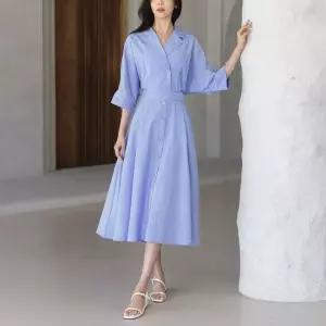 [제작] 7부소매 스트라이프 셔츠 플레어 롱 원피스_2color