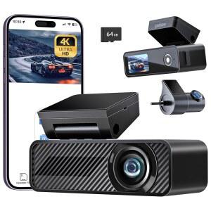 펠시 P1 듀오 4K 대시캠 앞뒤 64GB SD 카드 1080P 차량용 듀얼 대시 카메라 WiFi 앱 컨트롤 5 IPS 디스플레이 자동차 음성