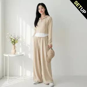 [올리비에스클로젯] [SET]크롭 레이어드 후드 티셔츠 와이드 밴딩팬츠 트레이닝 세트_O2603SE015A