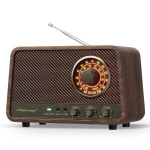 Audiocrazy 빈티지 목재 AM FM 블루투스 라디오, 10와트 강력한 사운드, 레트로 블루투스 스피커 라디오, 부드럽게 빛나는 다이얼, 베이스 컨트롤, Aux 입력, 헤드폰 잭, 가정, 사무실, 주방용