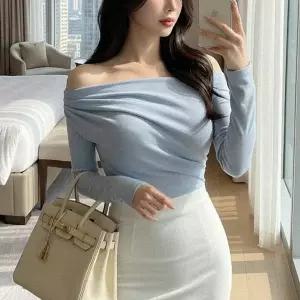 [하프클럽/옷자락]여자 하객룩 데이트룩 우아한 셔링 오프숄더 긴팔 블라우