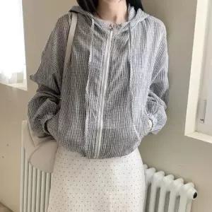 여자 데일리 간절기 크롭핏 체크 후드 집업 바람막이