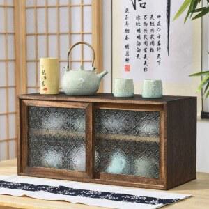 빈티지 원목 수납장 유리장 도어 앤틱 선반 베이지 장식장 렌지대 홈카페 가로형 콘솔