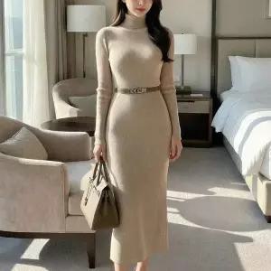 [신세계라이브쇼핑][옷자락] 여자 롱 니트 베이직 슬림핏 롱 터틀넥 원피스