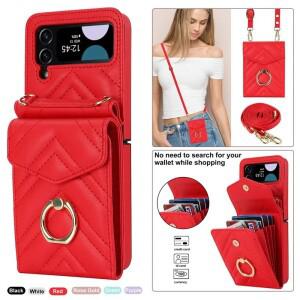 삼성 호환 갤럭시 Z 플립 7 6 5 4 3 Flip6 FE 5G호환용 랜야드 가죽 지갑 카드 폰 케이스 크로스바디 링 홀