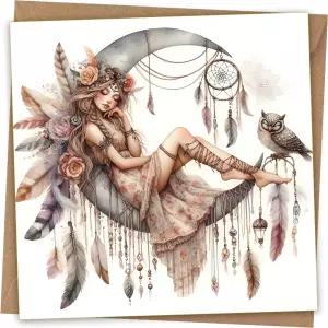 부족 소녀와 달 인사 카드 - 귀여운 올빼미 드림 캐처 초승달 생일 딸 자매