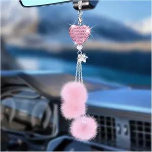 블링카 걸이 장식품 여성용 미러 액세서리 다이아몬드 하트와 퍼지 플러시 볼 리어 뷰 매력 펜던트 럭키