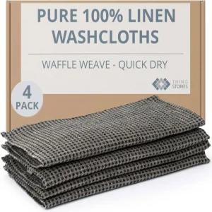 Thing Stories 100 아마 린넨 수건 - 4팩 10x10인치 재사용 가능한 와플 메이크업 리무버 페이스 천 블랙