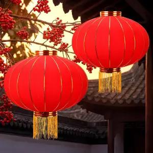 바쿨러 2개 대형 중국산 새해 랜턴 장식 2026 전통 붉은 실크 21.7 x 18.1 매달린 종이 스타일 램프 그늘