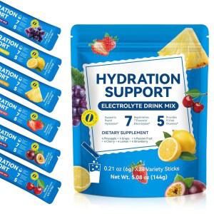 ZROGJBMK 전해질 분말 음료 믹스, 비타민 C & B 복합 수화 지원 및 에너지 대사가 포함된 7가지 필수 음료, 무설탕 모듬 과일 맛, 24가지 스틱