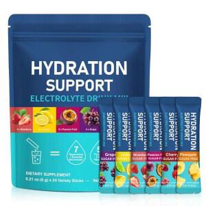 필수 비타민이 함유된 전해질 수분 파우더 u2013 제로 슈가 버라이어티 팩, 케토 및 저탄수화물 6가지 천연 과일 맛을 위한 1인분 스틱 패킷(24개)