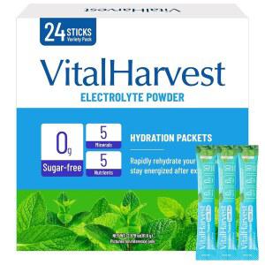바이탈하베스트 24 스틱 전해질 파우더 패킷 7 가지 맛 무설탕 수분 매일 액체 IV 음료 믹스, 저나트륨, 민트