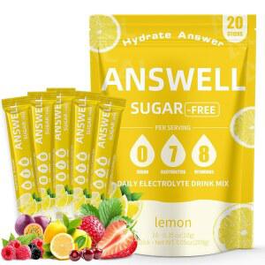 ANSWELL 전해질 파우더 패킷 무설탕 - 빠른 수분 공급 및 파티 회복을 위한 액체 일일 IV 음료 믹스 | 비타민 8종 7종 비 변형식품 색소 첨가제 없음 스틱 20개 (V2-레몬)