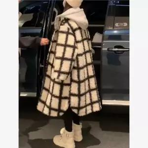 후드 체크 롱 격자무늬 아우터 용 모조 패딩