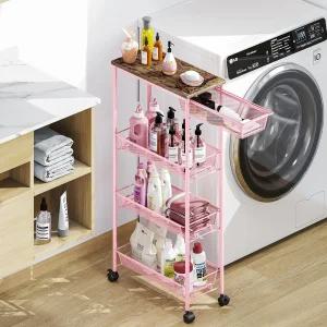 킹랙 4단 슬림 수납 카트 금속 롤링 나무 테이블탑 및 서랍 바구니가 있는 정리함 주방 욕실 세탁실 핑크색