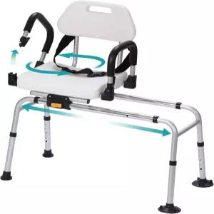 회전식 좌석이 있는 엘렌커 슬라이딩 샤워 의자 배수구가 욕조 이송 벤치 팔과 안전벨트 미끄럼 방지 발