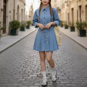 간절기 데일리 하객룩 데님 카라넥 청스커트 긴팔 진청 연청 미니 셔츠 나들이 가을 원피스 여성