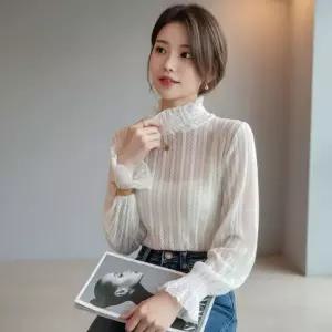 레이어드 이너 시스루 레이스 블라우스 여성 반목티 프릴 티셔츠 목티