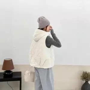 여사친 면 캐주얼 빈티지 조끼 따뜻 솔리드 다운 민소매 후드 카디건 1PICK1