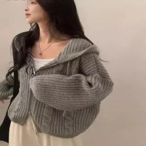 여성 니트 후드 더블 꽈배기 톱 긴팔 스웨터 카디건 집업 1PICK1