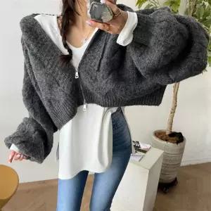 여친 니트 후드 가디건 카디건 집업 가오리핏 숏 OP1