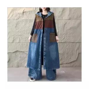 여성 후드 카디건 데님 민소매 위에 빈티지 캐주얼 롱 조끼 1PICK1